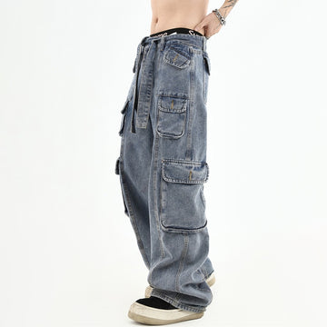 Vintage Cargo Jeans Men Denim Trousers Male Distressed Vintage Pants Streetwear Hip Hop Pocket Safari Style Casual aidase-shop